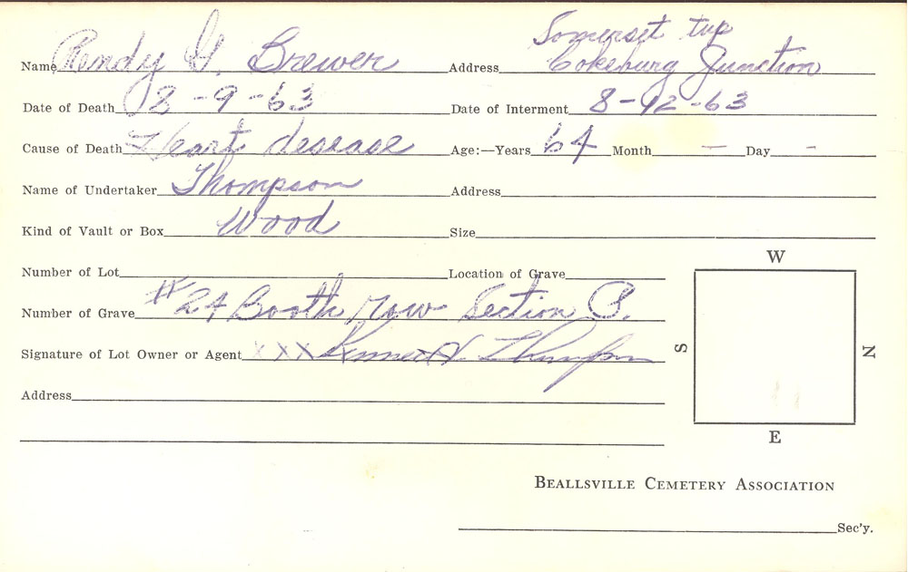 Rindy Brewer burial card